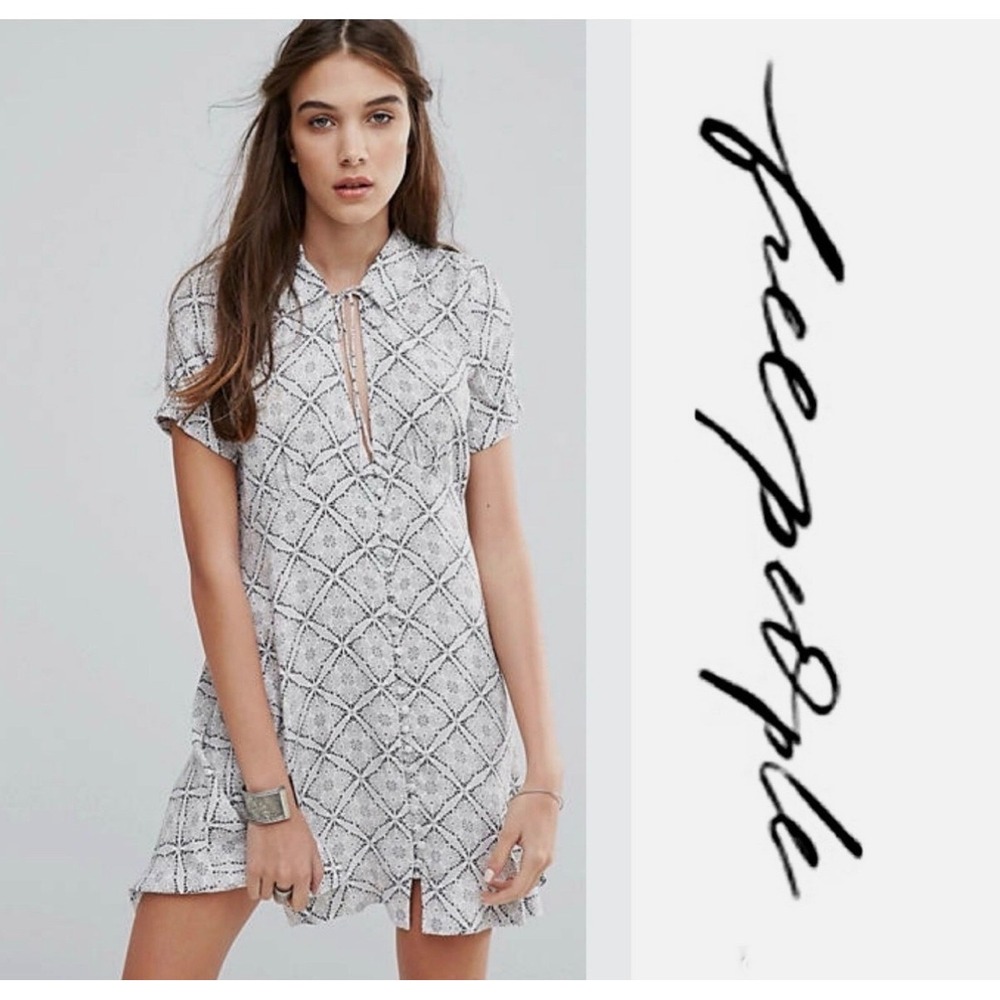 A26 Free People Melody Printed Midi Dress Collard V‎ Neck Button Up Short Sleeve
